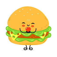 A cute, cartoon Burger happily holding a red heart, perfect for food or love-themed designs.