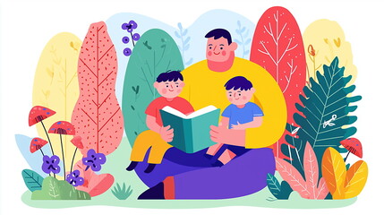 A flat vector illustration of two boys sitting on the lap of their father, reading a book together, surrounded by trees and plants. 