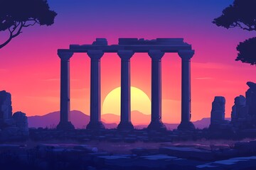 Naklejka premium Experience a Mystical Sunset at Ancient Greek Ruins. A Vibrant Digital Art Depiction of Greek Architecture and Silhouetted Columns Against a Colorful Sky