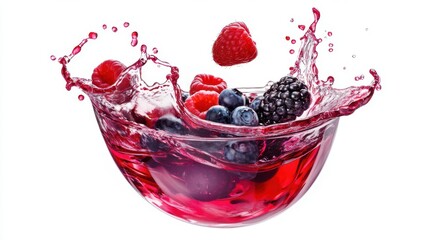 Fresh mixed berries splash with vibrant strawberry, raspberry, blueberry and blackberry flying in red juice wave on white background, concept of food advertising, healthy nutrition, beverage branding