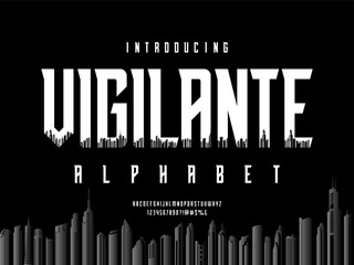 Modern gothic style alphabet design with uppercase, numbers and symbols