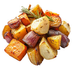 healthy mixed roasted root vegetables in baking dish
