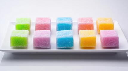 Square-shaped Indian barfi sweets in pastel colors displayed on white backdrop for modern food styling
