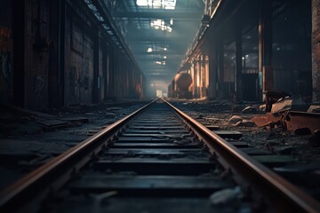 Abandoned railway tracks leading into a dilapidated industrial complex.