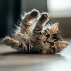 A fluffy kitten tumbling across the floor, its little body rolling with playful excitement as it enjoys its freedom