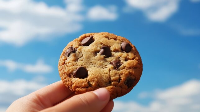 Chocolate chip cookie held aloft against a sunny sky for whimsical imagery