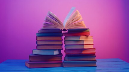 Colorful Book Stacks with Open Book on Purple Background, Two stacks of colorful books with an open book on top, set against a purple background