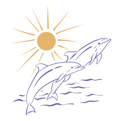 Dolphin fish outline sketch drawing and summer sun. Hand drawn sea dolphin. Vintage hand drawn line tattoo. Engraved sea animal. Blue doodle engraving.