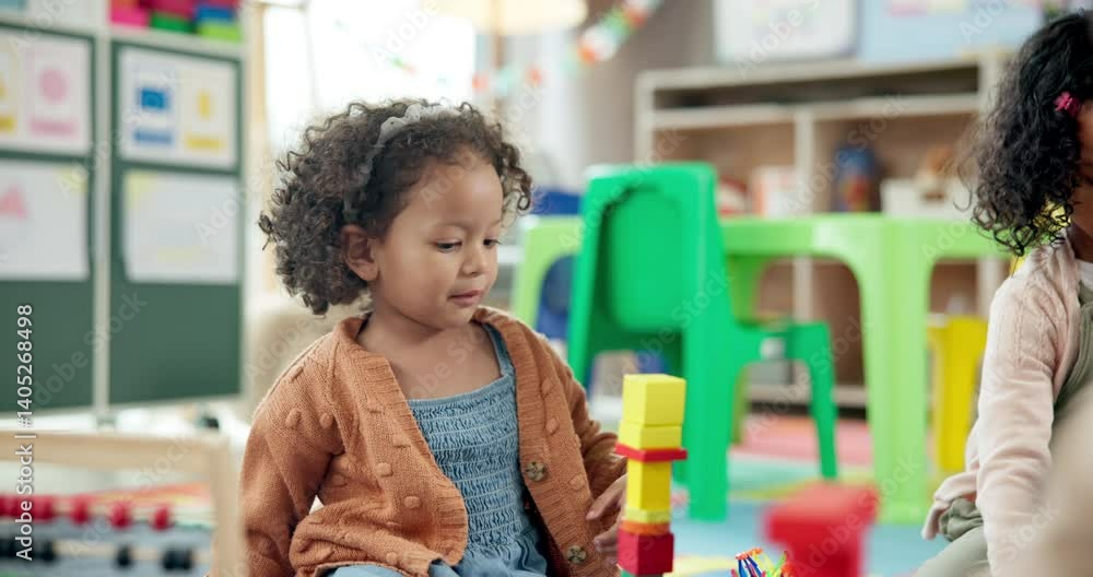 Aufkleber Kid, student and stack blocks in classroom for learning, problem solving and creative activity. Surprise, child and building toys with education game, puzzle solution and motor growth in kindergarden