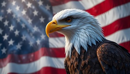 A majestic bald eagle, symbol of American pride and freedom, stands tall against a vibrant, waving American flag, bathed in warm sunlight.