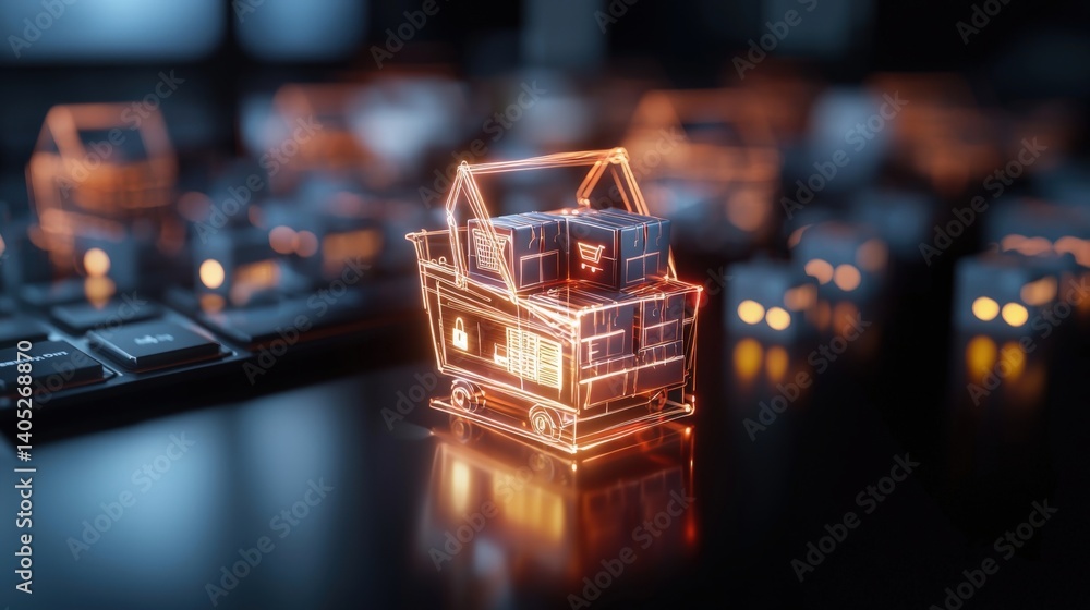 Poster digital shopping cart visualization e-commerce environment 3d render technology concept close-up vie