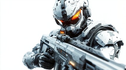 Fototapeta premium Futuristic soldier aiming rifle, white background.
