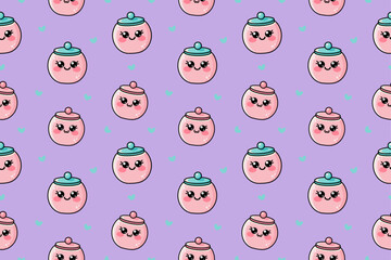 Seamless pattern with cute kawaii pink sugar bowl on purple background