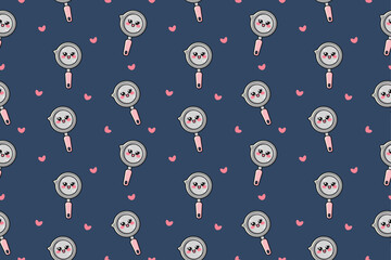 Seamless pattern with kawaii vector illustration of grey icon frying pan. Cute character isolated on dark blue background