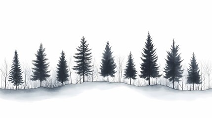 Fototapeta premium Tranquil Minimalist Forest Silhouette. Scenic Winter Wonderland with Atmospheric Watercolor Pines