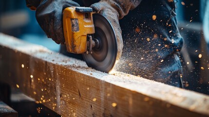 Carpenter using a power saw to cut through a wooden beam. Featuring precision and craftsmanship