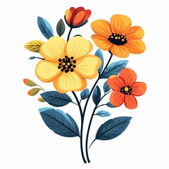 Vibrant Hand-Drawn Floral Illustration. Whimsical Botanical Design with Bright Orange and Yellow Wildflowers for Spring and Summer Decor