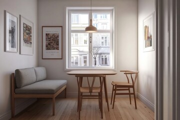 A simple and elegant dining room with white walls, a wooden floor