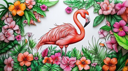 Colorful flamingo amidst tropical flowers and lush foliage