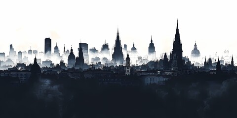 Naklejka premium Monochrome Cityscape. Abstract Skyline Illustration with Fog-Hazed Urban Silhouette in Dramatic Skyline Photography