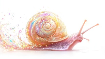 Sparkling iridescent snail shell, moving fast, leaving a trail of glitter.