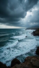 Stormy Waves Crash on Rugged Coastline Coastal Landscape Dramatic Environment Aerial View Nature's Power