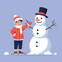 A cheerful boy in a red jacket and white scarf builds a snowman with a black hat and carrot nose in a flat vector illustration
