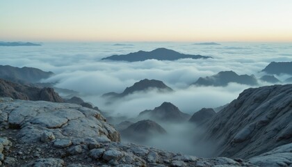 Obraz premium Floating Boulders Over Misty Valley at Dawn Nature Photography Serene Landscape Aerial Perspective Dreamlike Atmosphere