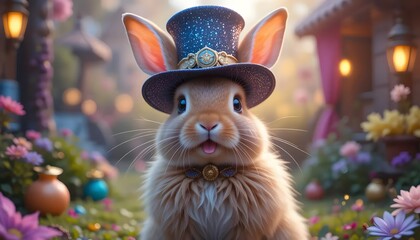 A charming fluffy bunny in a whimsical top hat, enjoying a magical springtime garden adventure with soft, enchanting lighting.