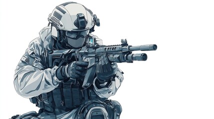 Soldier aiming rifle, tactical gear, white background.