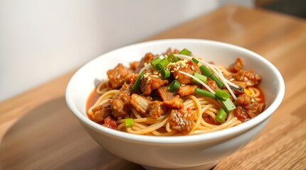 Chinese Dan Dan Noodles with Spicy Minced Pork and Scallions in a White Bowl