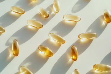 Golden Capsules with Shadows. A top-down view displays multiple golden capsules on white background, creating shadows. Arrangement provides modern, minimalist aesthetic, and capsules appear in rows