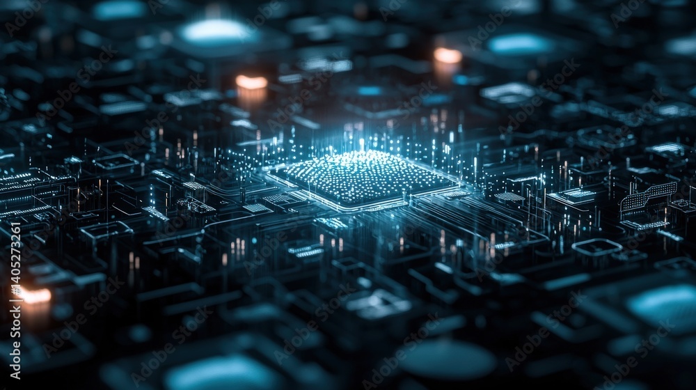 Poster exploring advanced computing technology digital environment graphic visualization high-tech perspect