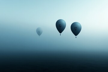 Obraz premium Balloons with marks floating into foggy sky, uncertainty in economy visual
