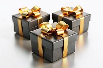 Obraz premium Gift Boxes of Celebration: Elegant gift boxes with golden ribbons, ready to share the joy of a special occasion or present a thoughtful token of appreciation.