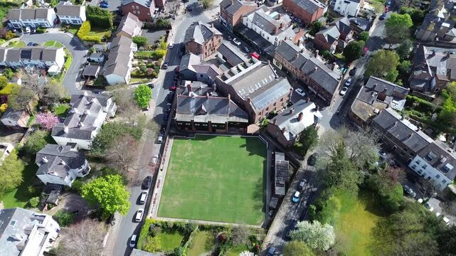 Aerial Perspective Drone View of residential and community areas of Oxton Village, Merseyside. Aerial perspective of imagery from recommended height parameters detailing architecture