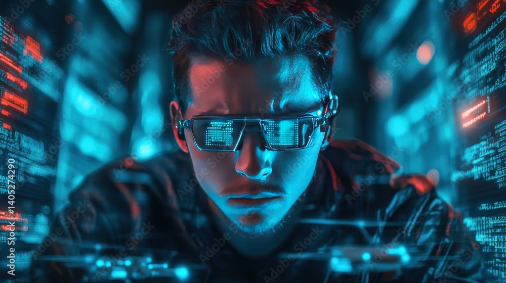 Poster man operates drones in a futuristic setting with glowing data displays at night