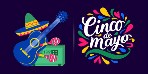 Happy Cinco de Mayo design template with guitar, Mexican hat, and other typical ornaments. best Cinco de mayo banner. Cinco de mayo lettering. Cinco de mayo typography.