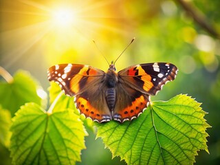 Fototapeta premium Butterfly basking: a close-up view captures a butterfly's elegant wings as it sits on a vibrant green leaf, the sun providing warm light and casting shadows