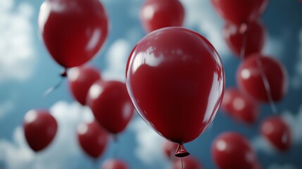 Floating red dollar balloons in surreal sky, dramatic inflation representation