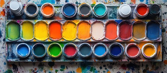 Watercolor paint palette with various colors on splattered surface