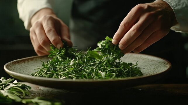 Chef garnishing plate with delicate herbs. Featuring culinary art and fresh ingredients