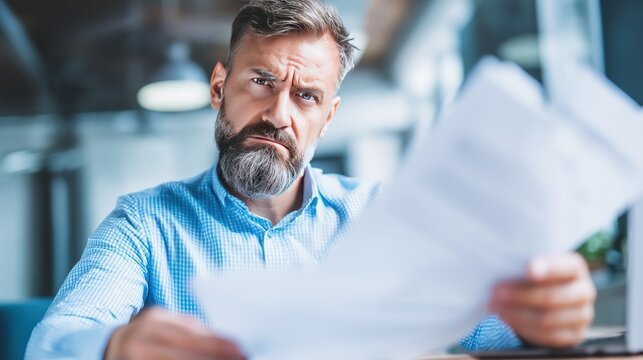 Businessman sitting at desk, concerned expression while holding document with trade tariff details, office setting, professional atmosphere, corporate environment.