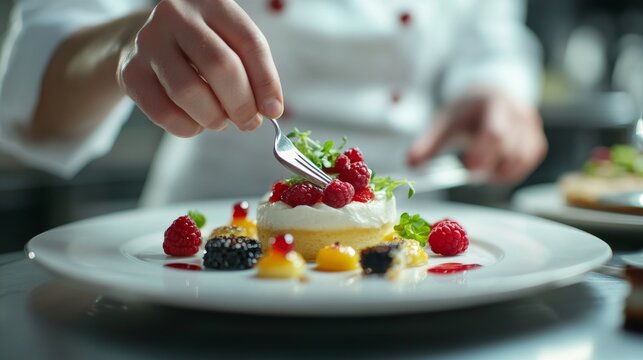 Chef plating elegant dessert in restaurant. Featuring delicate details and luxurious ingredients