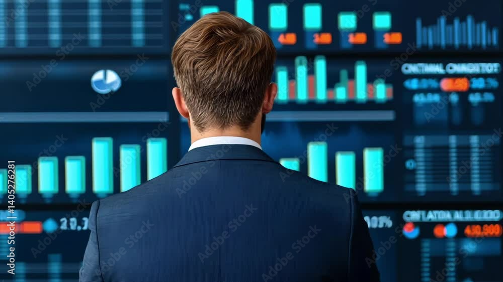 Aufkleber man in suit analyzes financial data on digital screen, showcasing graphs and charts that reflect foc