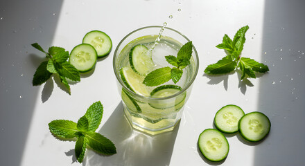 Refreshing Cucumber Infused Water with Mint Leaves and Sunlight