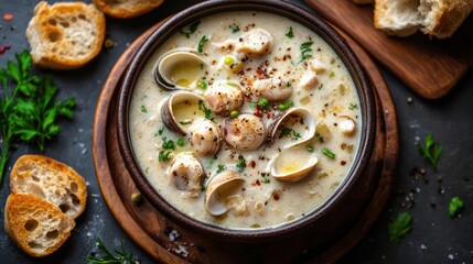 A bowl of clam chowder with clams, bread and herbs.