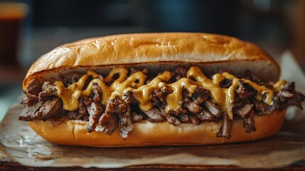 A close-up of a cheesesteak sandwich on a table