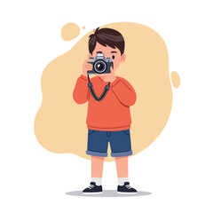 Young boy enthusiastically holding a camera while wearing a bright orange sweater and shorts in a playful minimal vector illustration