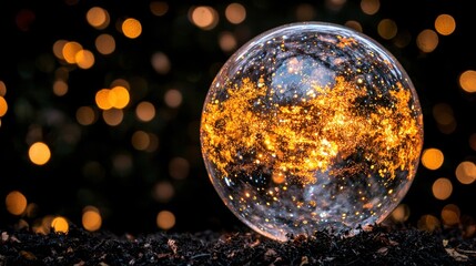 A glass sphere filled with golden glitter sits on a bed of black soil.